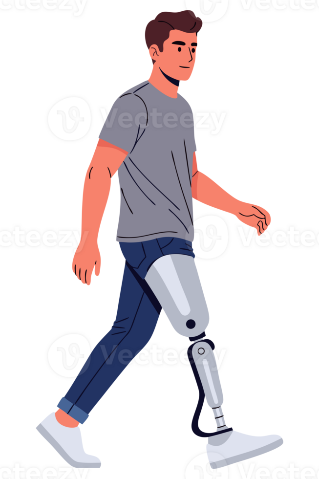 Innovative Man Walking with Bionic Prosthetic Leg Symbolizing Technology and Rehabilitation Progress in Modern Medicine png