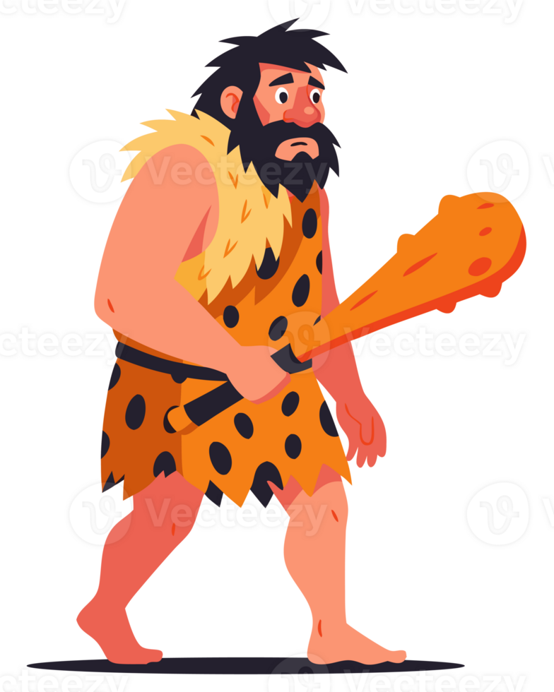 Primitive Caveman Walking with Club Depicted in a Colorful Concept Art Style, Emphasizing Elements of Evolution and Prehistoric Life png