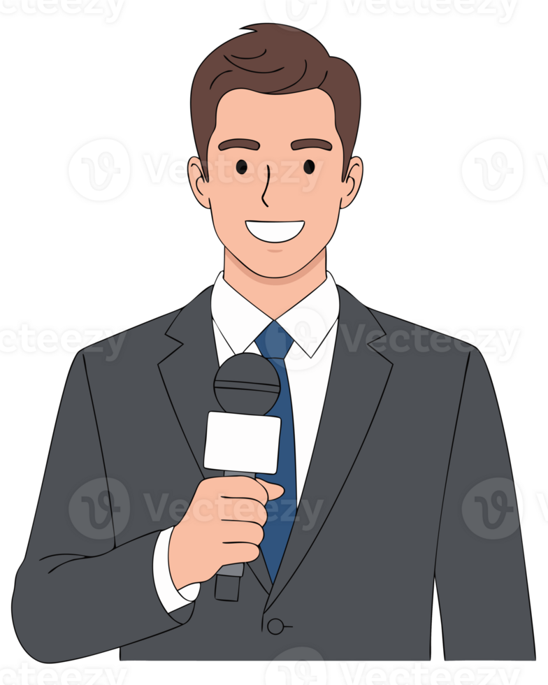 Cheerful Male Reporter Holding Microphone in Suit Ready for News Broadcast and Media Coverage png