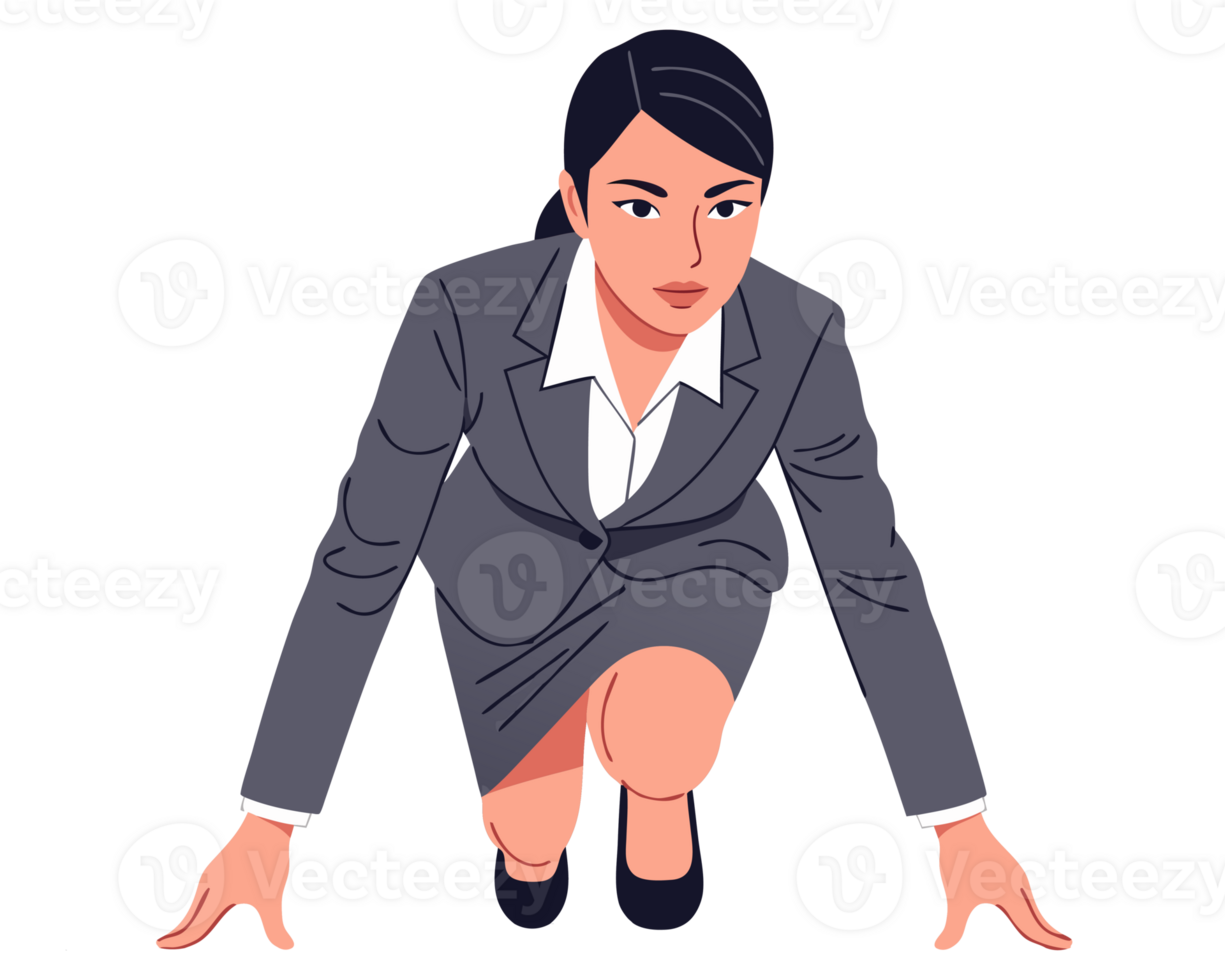 Confident Businesswoman Taking a Ready Stance at the Starting Line to Achieve Her Goals with Determination and Focus in a Professional Setting png