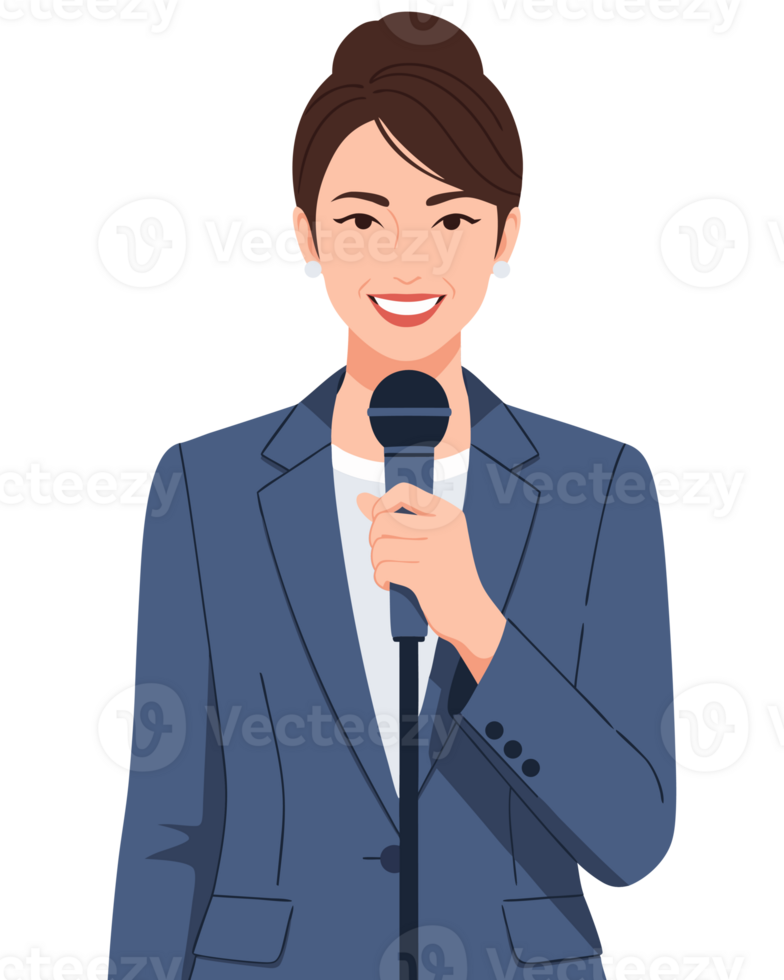 Confident Female Reporter Holding Microphone in Professional Attire Against Plain Background for News Communication Concepts png
