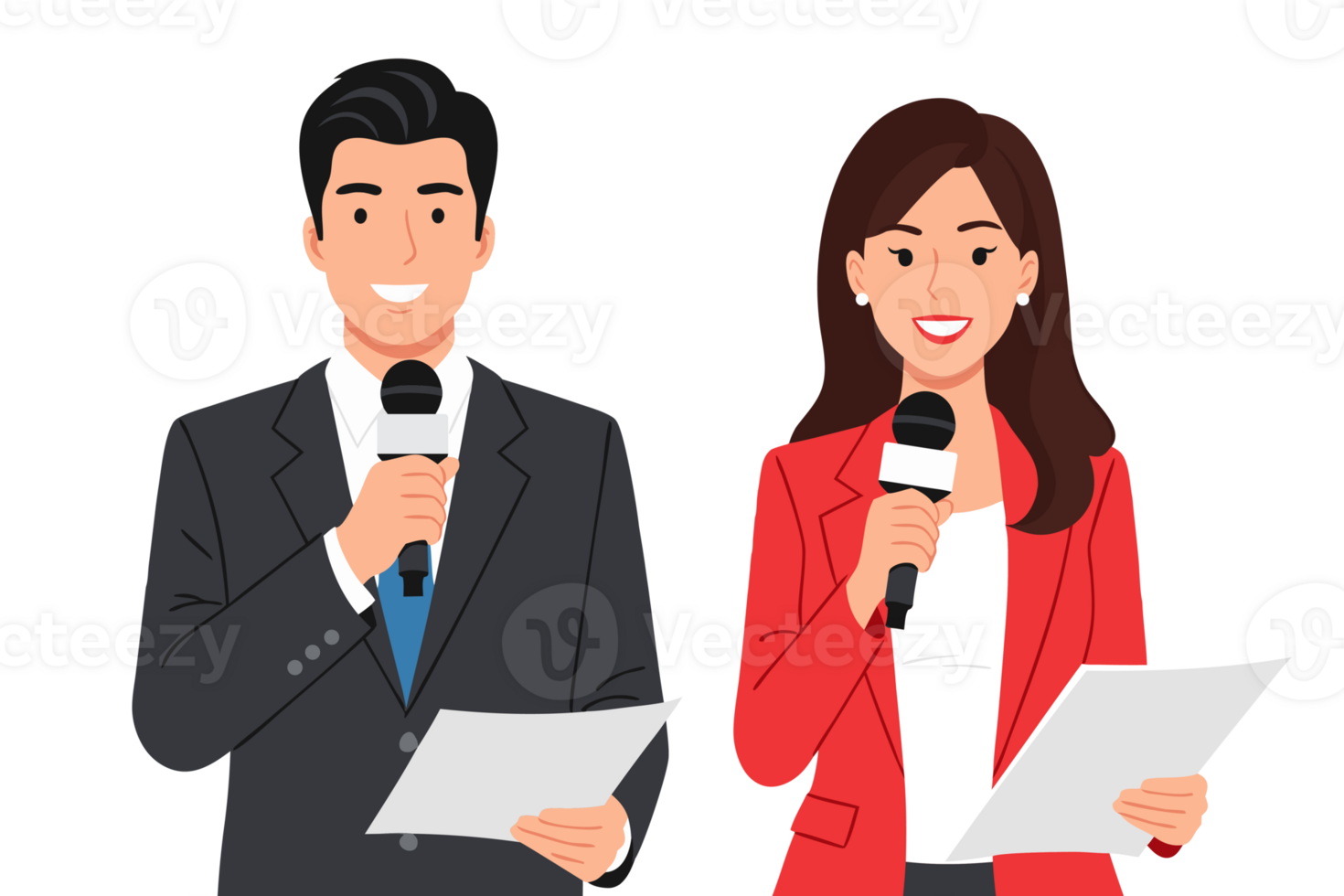 Male and Female News Anchors Presenting News on Camera with Microphones and Scripts in a Professional Studio Setting png
