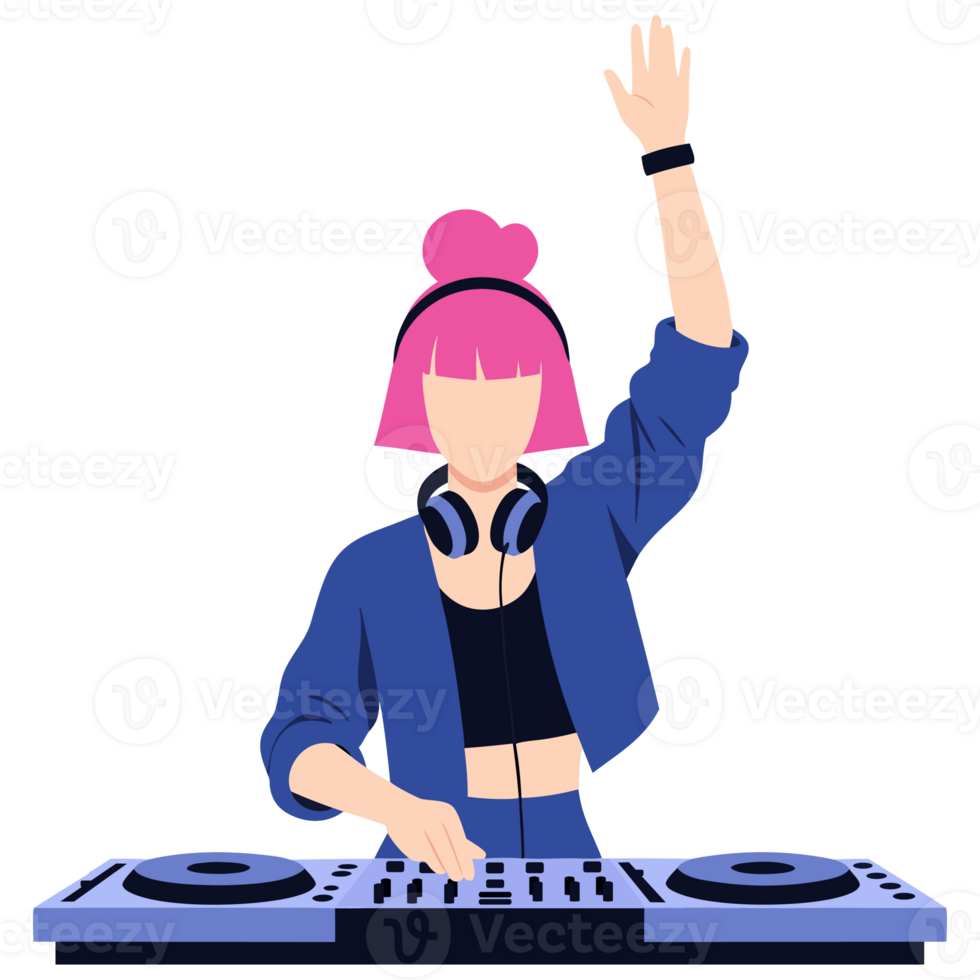 Female DJ with Pink Hair in Headphones, Creating an Energetic Atmosphere at a Party and Engaging the Crowd with Music png