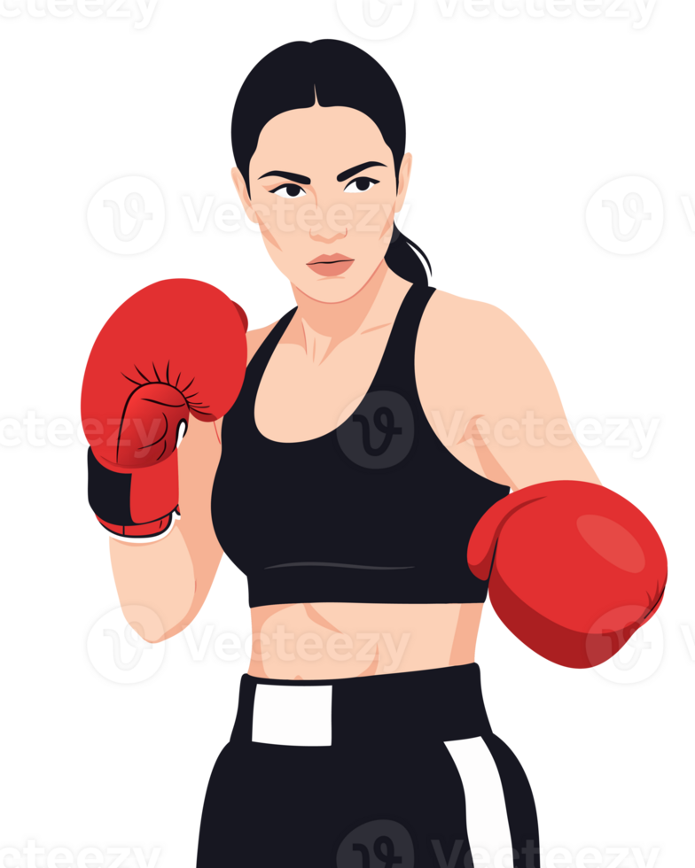 Strong and Confident Female Boxer Ready for Fight in Athletic Pose with Boxing Gloves png