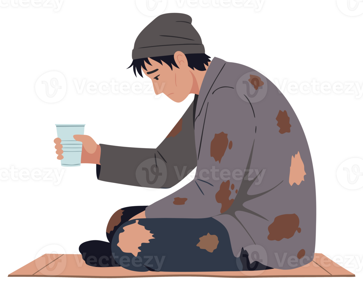 Man in Tattered Clothing Sitting on Ground with Cup, Representing Homelessness, Poverty, and Despair in Urban Environment, Seeking Help from Charity png