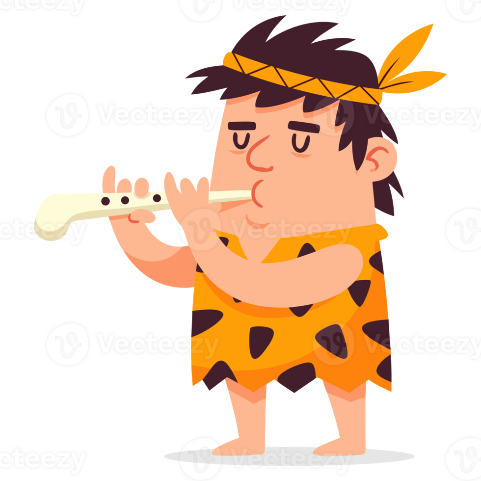 A Caveman Plays a Flute, Representing Ancient Music and Culture Through Primitive Art in a Stylized Illustration of Early Human Life png