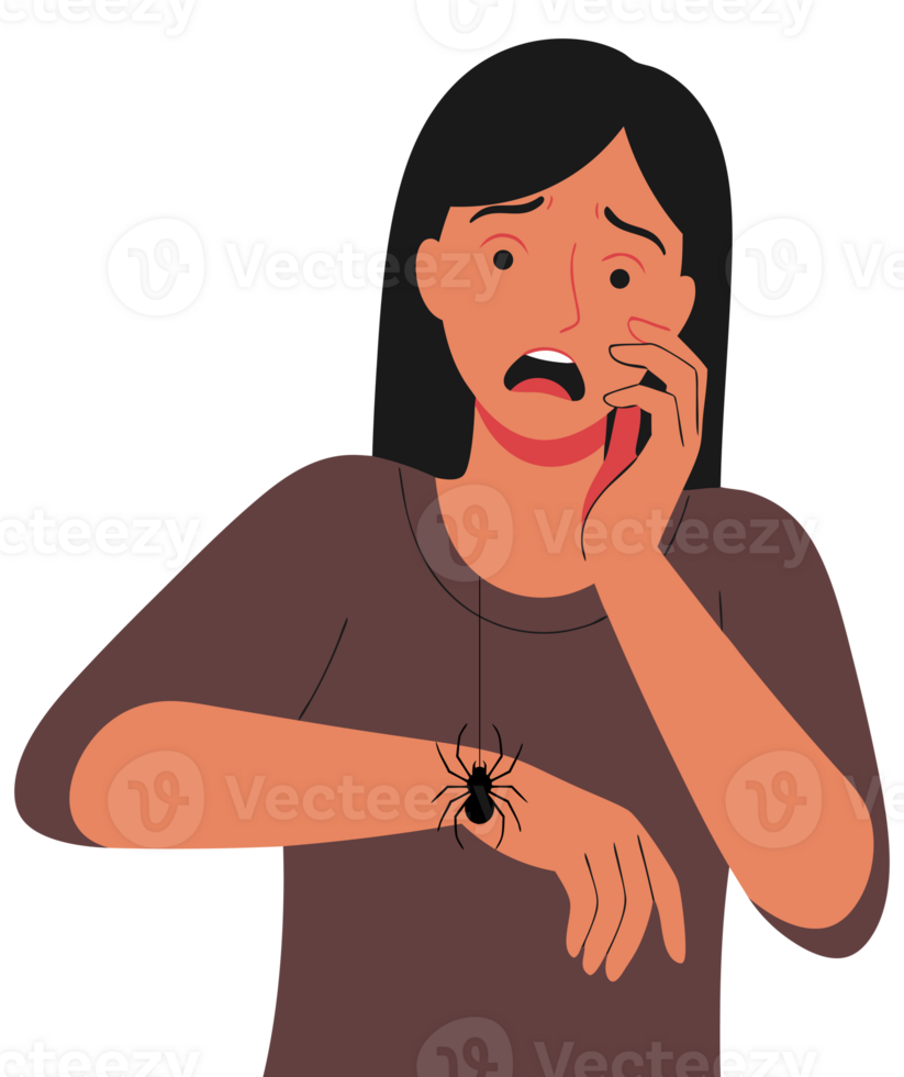 Woman Displaying Fear and Startle at Spider, Illustrating Arachnophobia with Expressions of Anxiety and Distress in Emotional Moment of Panic png