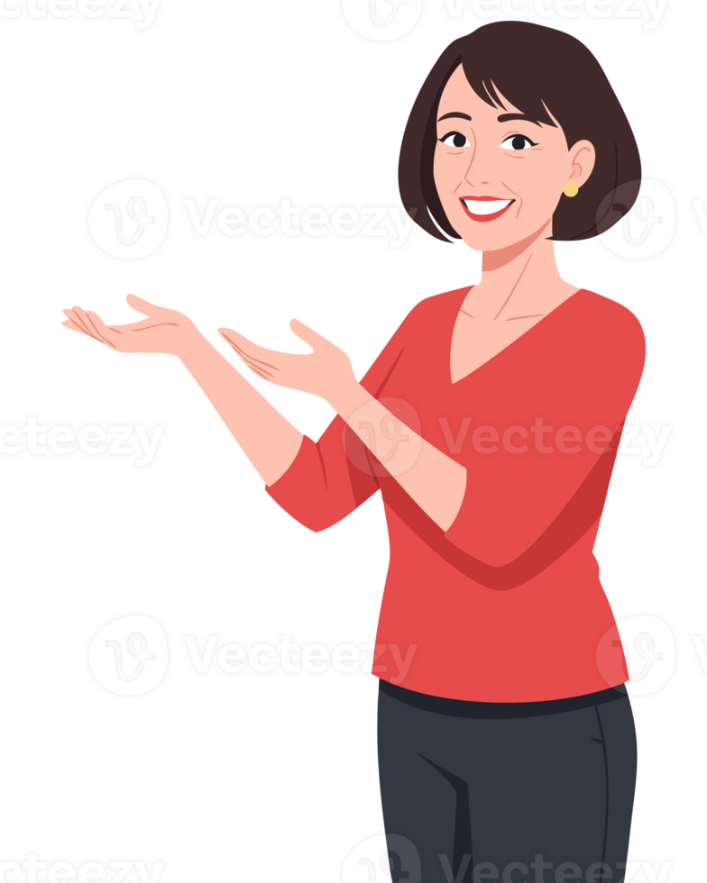 Happy Woman Demonstrating a Concept with Enthusiasm and Clarity, Offering Explanation and Guidance to Viewers in a Friendly Manner png