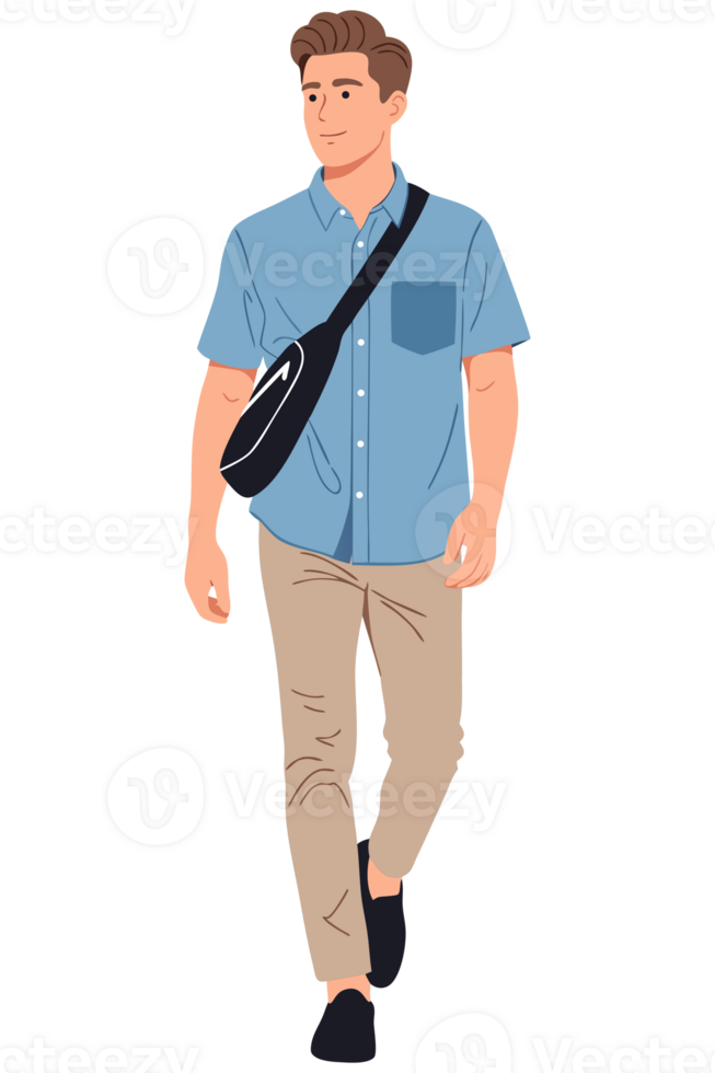 Young Man Walking with Backpack on Journey of Adventure and Exploration in a Casual Outfit, Emphasizing Travel and Outdoor Experience png