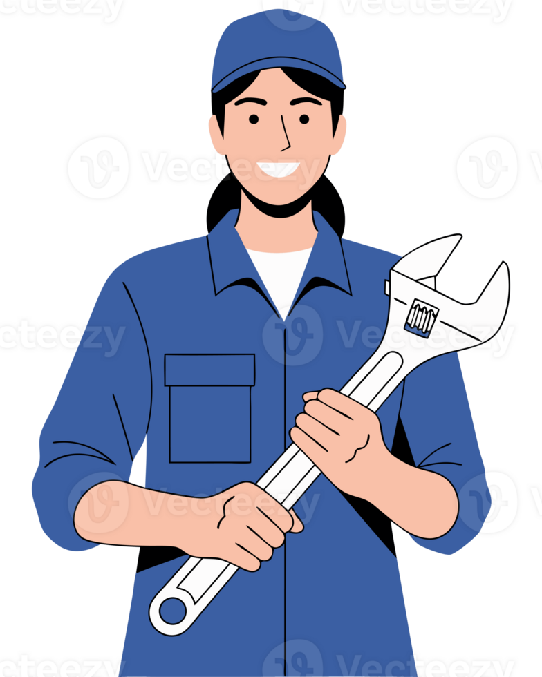 Female Mechanic Demonstrating Engineering Skills with Adjustable Wrench, Representing Empowerment in Skilled Labor and Repair Activities png