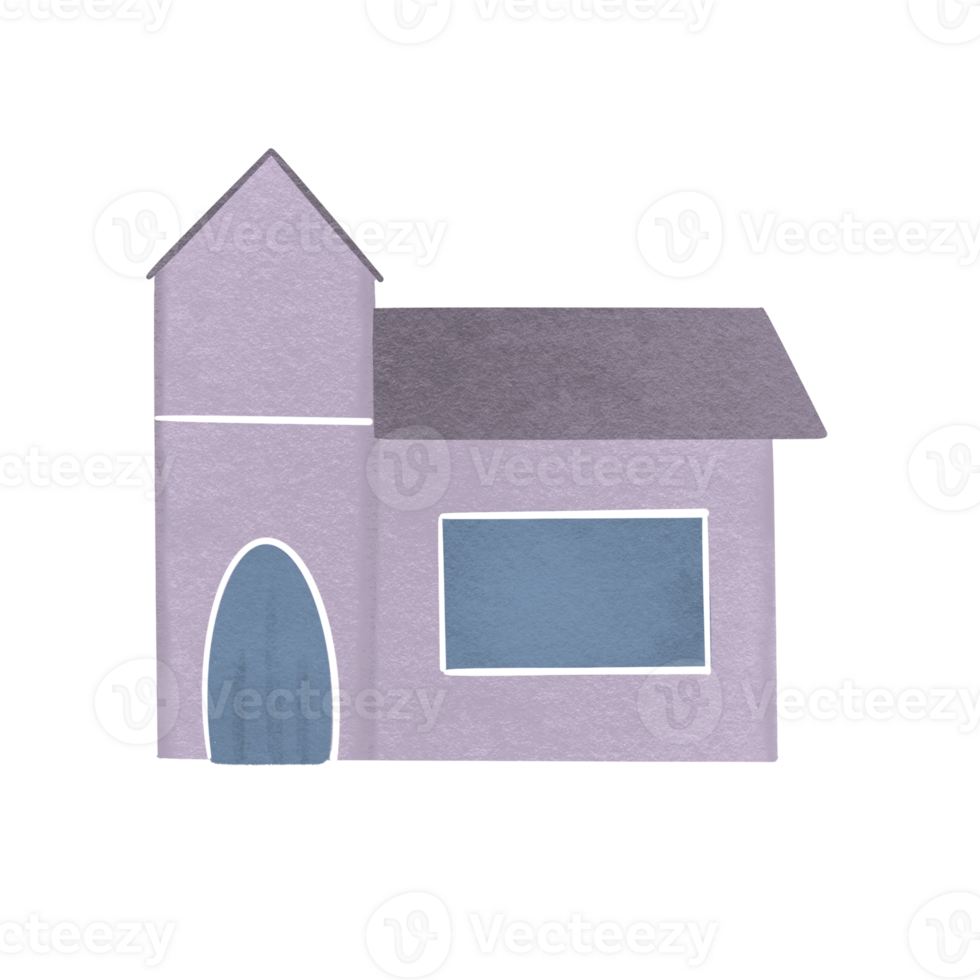 Cute Purple Cartoon House with Tower and Oval Door - Flat Illustration png