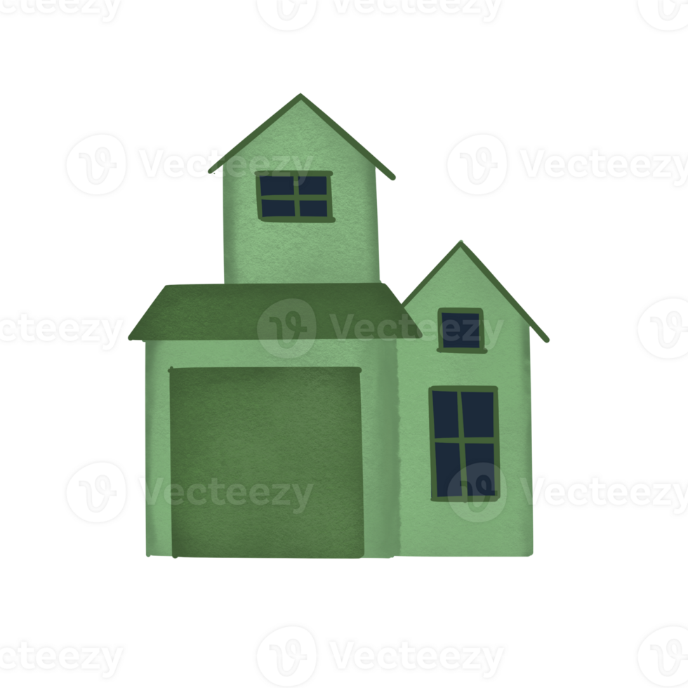 Green Cartoon House with Garage and Windows - Flat Design Illustration png