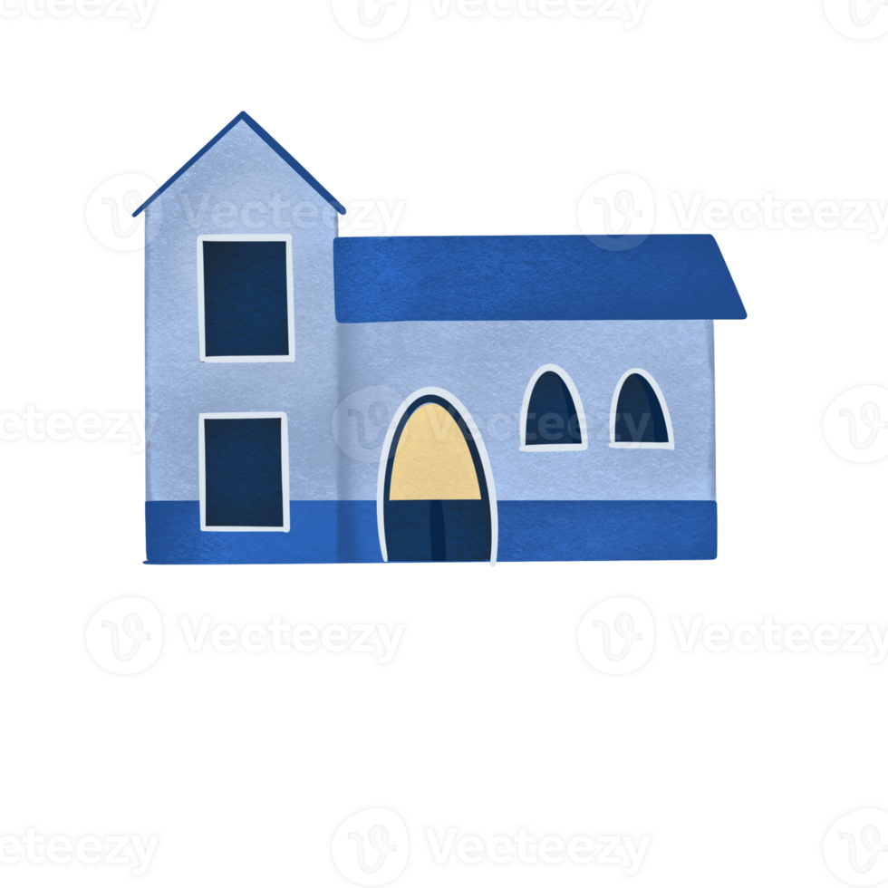 Cute Blue Cartoon House with Arched Windows - Illustration png