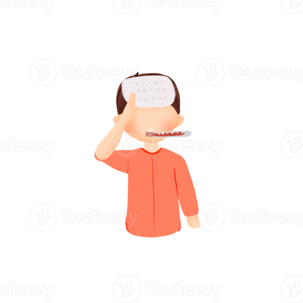 Sick Boy with Fever and Thermometer Cartoon Illustration png