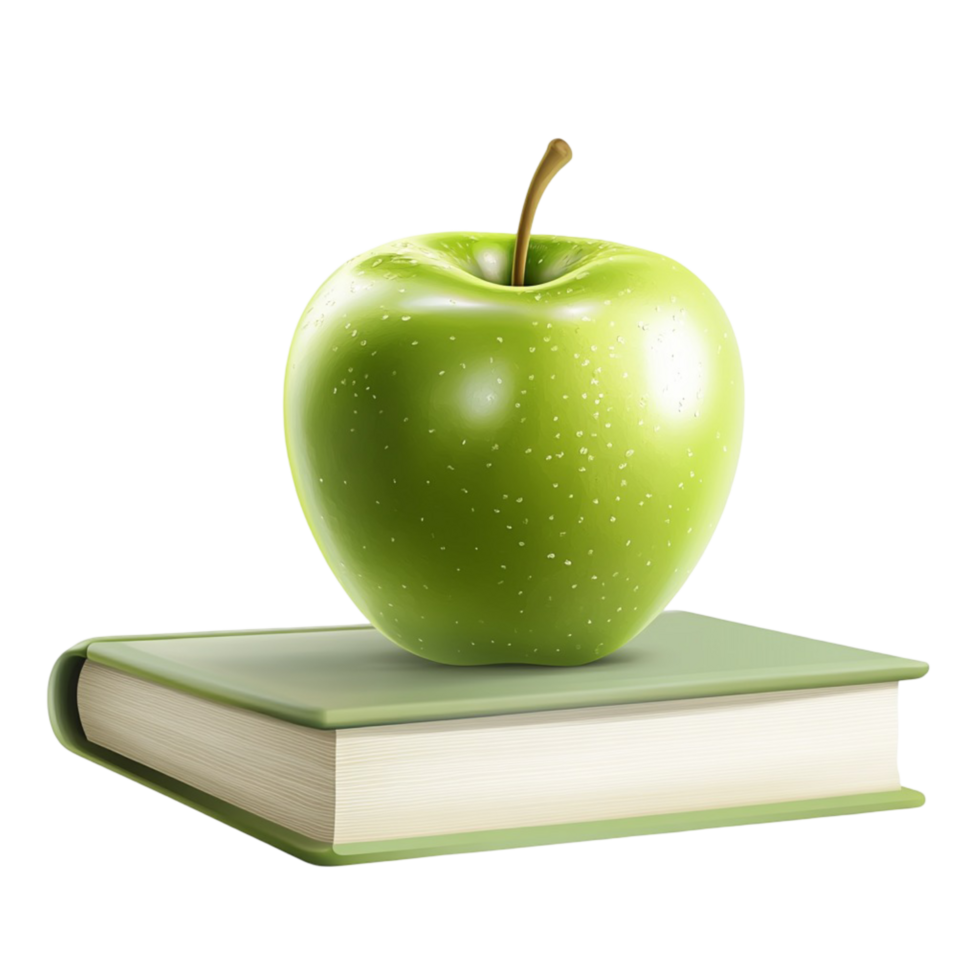 Green apple resting on a stack of books a symbol of knowledge learning and education a healthy fruit paired with intellectual pursuits png