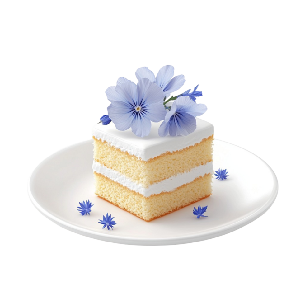 Slice of layered cake decorated with blue flowers a sweet and elegant dessert perfect for a special celebration or treat png