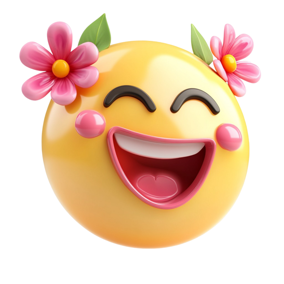 Yellow emoji face with rosy cheeks and flowers in its hair expressing joy and cheerfulness in a cute way png