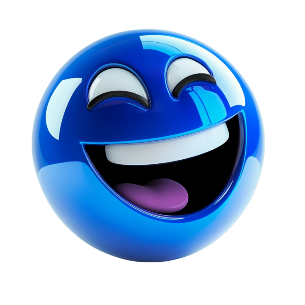 Blue emoji face with a wide cheerful smile and closed eyes expressing happiness and joy in a simple graphic way png