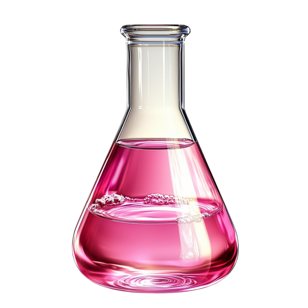 Glass flask filled with a vibrant pink liquid in a laboratory setting suggesting scientific research or experimentation with chemicals png