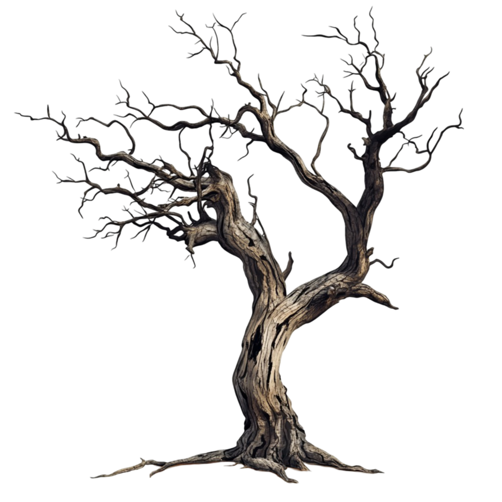 Bare tree with twisted branches reaching towards the sky a stark and dramatic image symbolizing winter or desolation png