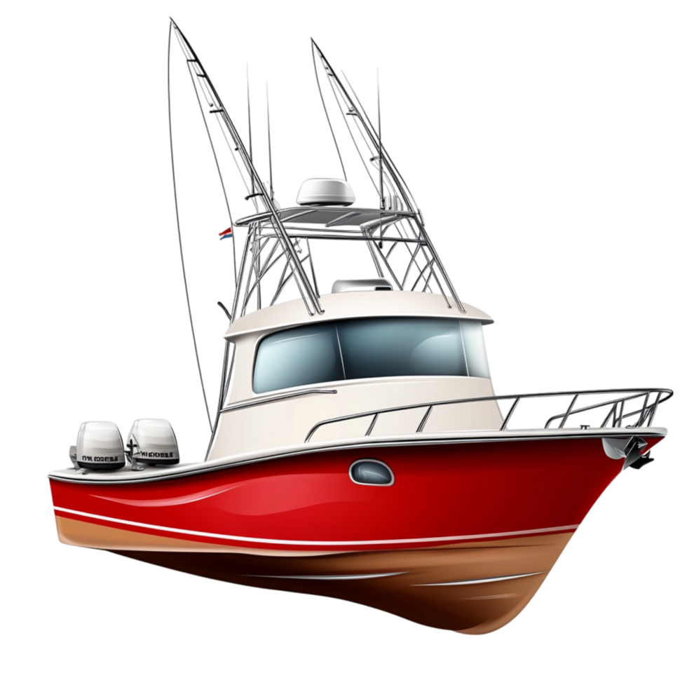 Sleek red and white fishing boat with a tall mast sailing on calm waters a symbol of leisure and adventure png