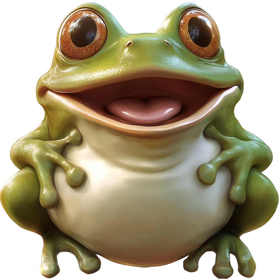 Green frog with a wide open mouth and bulging eyes sitting upright with a lively and expressive face png