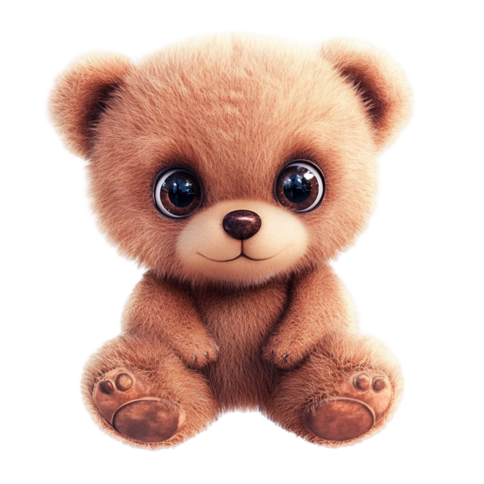 Small brown teddy bear sitting upright with big round eyes and a soft innocent expression on its face png