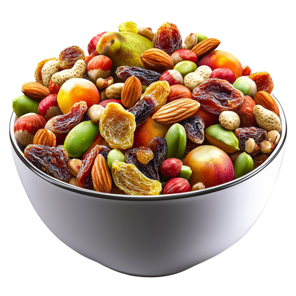 Bowl filled with a colorful assortment of nuts and dried fruits a healthy and delicious snack mix png