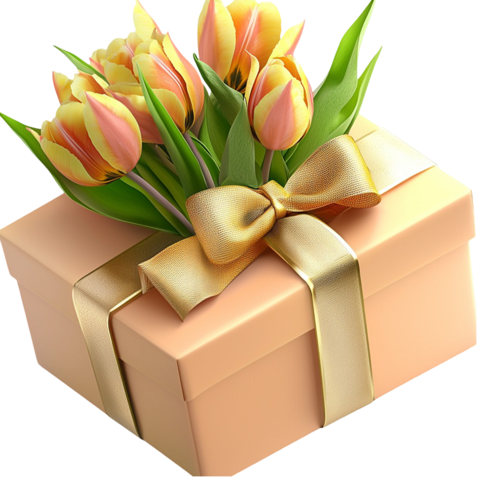 Bouquet of vibrant tulips in a box tied with a ribbon a gift of beauty and elegance png