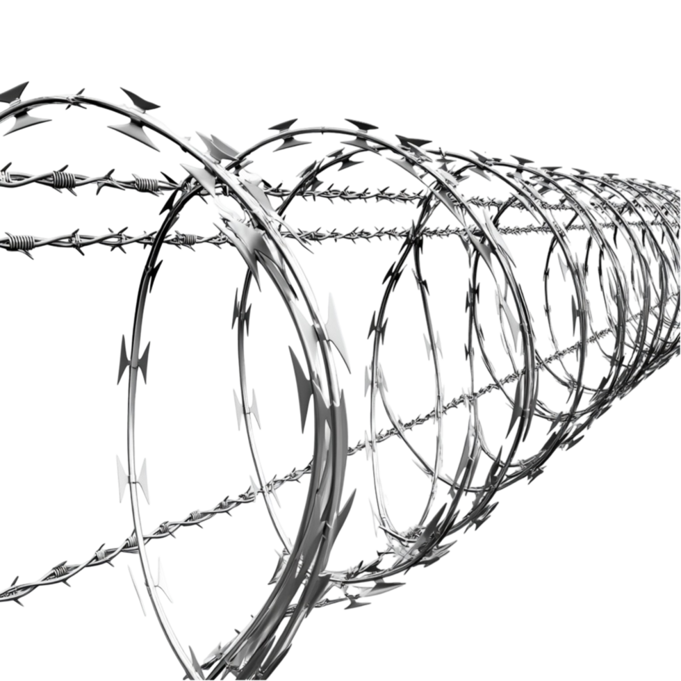 Coiled barbed wire fence creating a sense of boundary restriction or protection with a metallic texture png