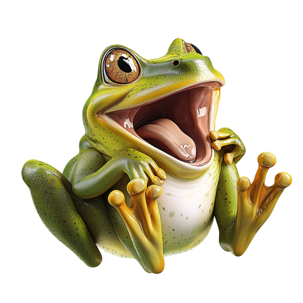 Green frog with bulging eyes and an open mouth sitting upright with a curious and alert expression png