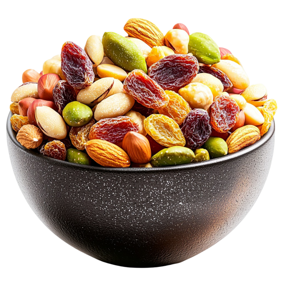 Bowl filled with a variety of mixed nuts and dried fruits creating a colorful and healthy snack png