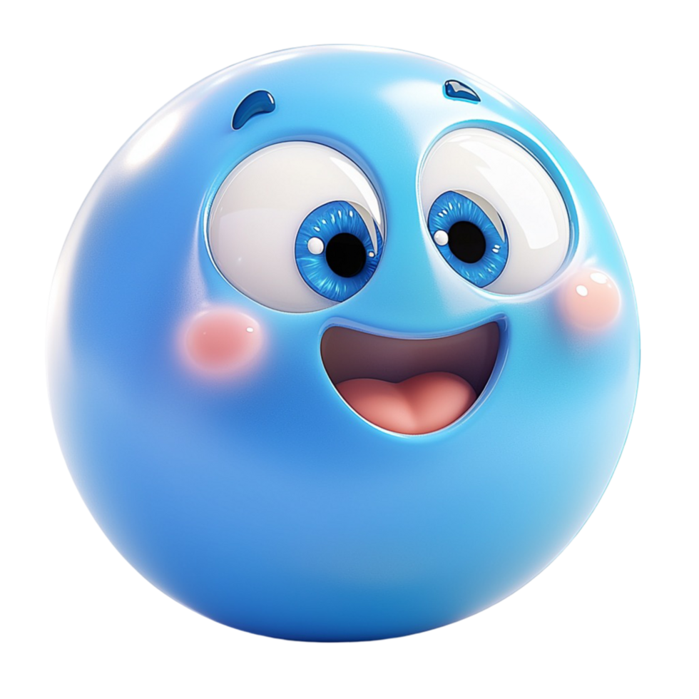 Round blue cartoon character with large expressive eyes and a wide cheerful smile on a white background png
