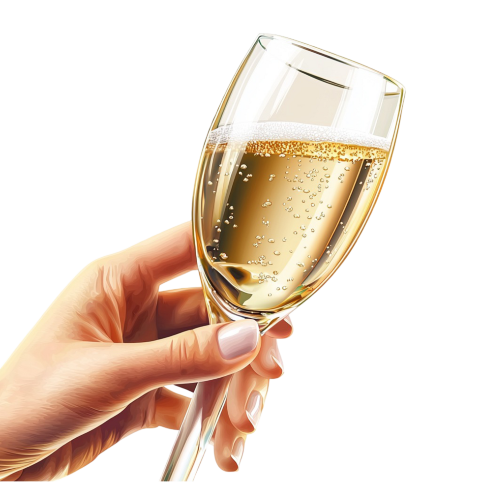 Hand holding a delicate champagne glass filled with golden liquid and tiny bubbles sparkling brightly png