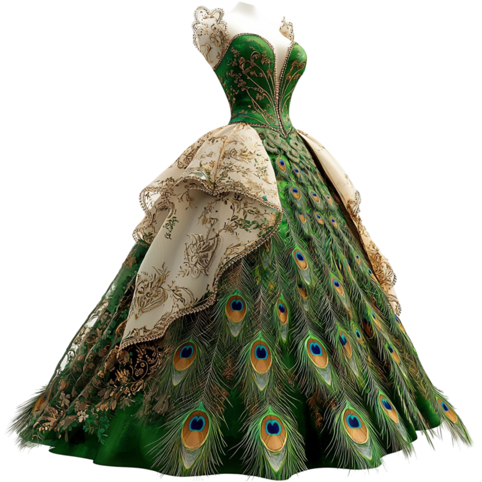 Elegant green dress resembling peacock feathers flows gracefully with intricate patterns and vibrant colors png