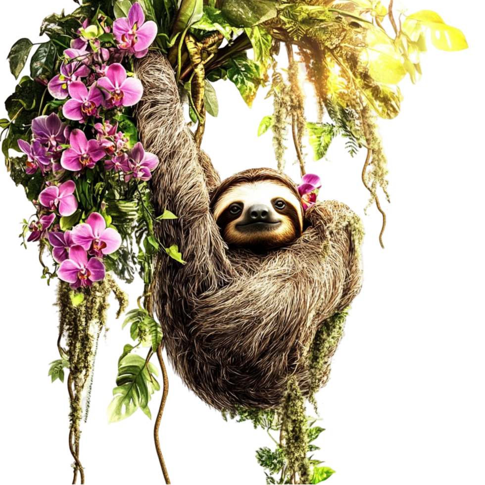Sloth hanging from a flowering branch on white background display png