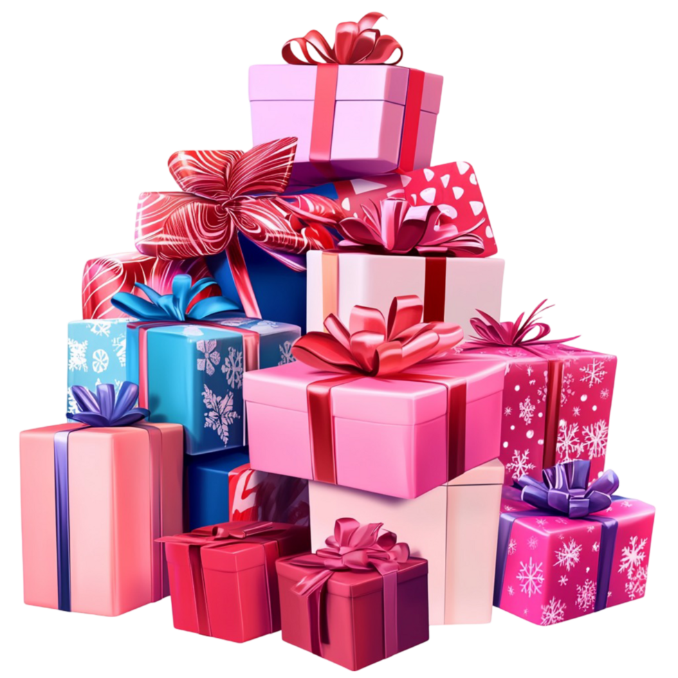 Stack of colorful wrapped gifts on white background display png