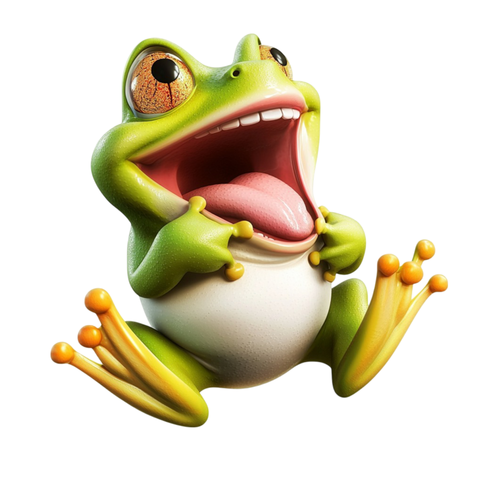 Green frog with its mouth open on white background display png