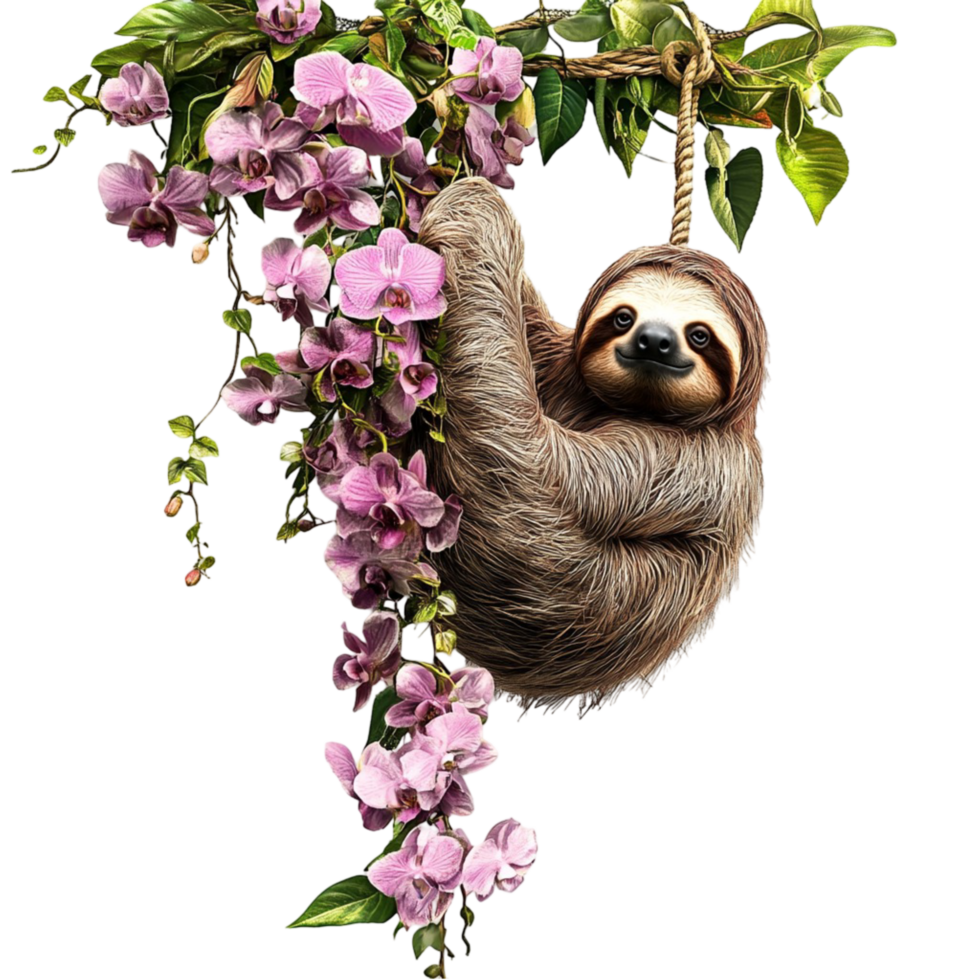 Sloth hanging from a branch on white background display view png