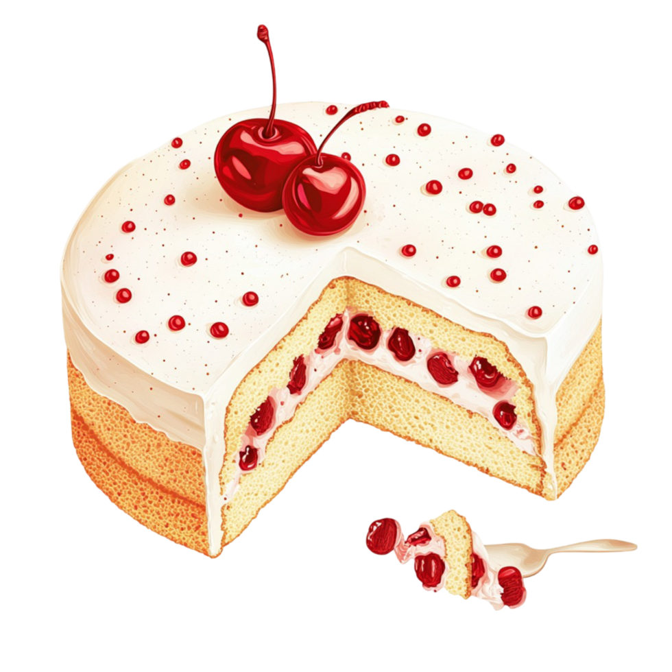 Slice of cherry cake on white background display view png