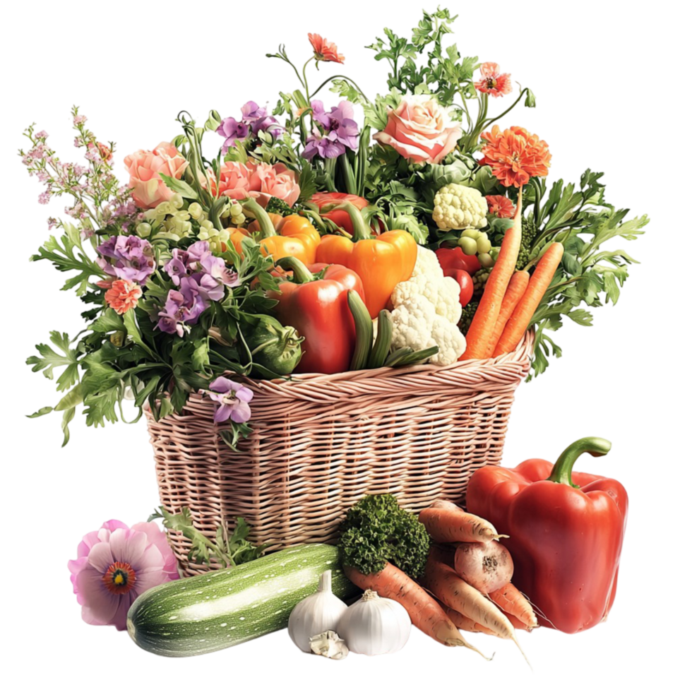 Basket filled with various vegetables on white background display png