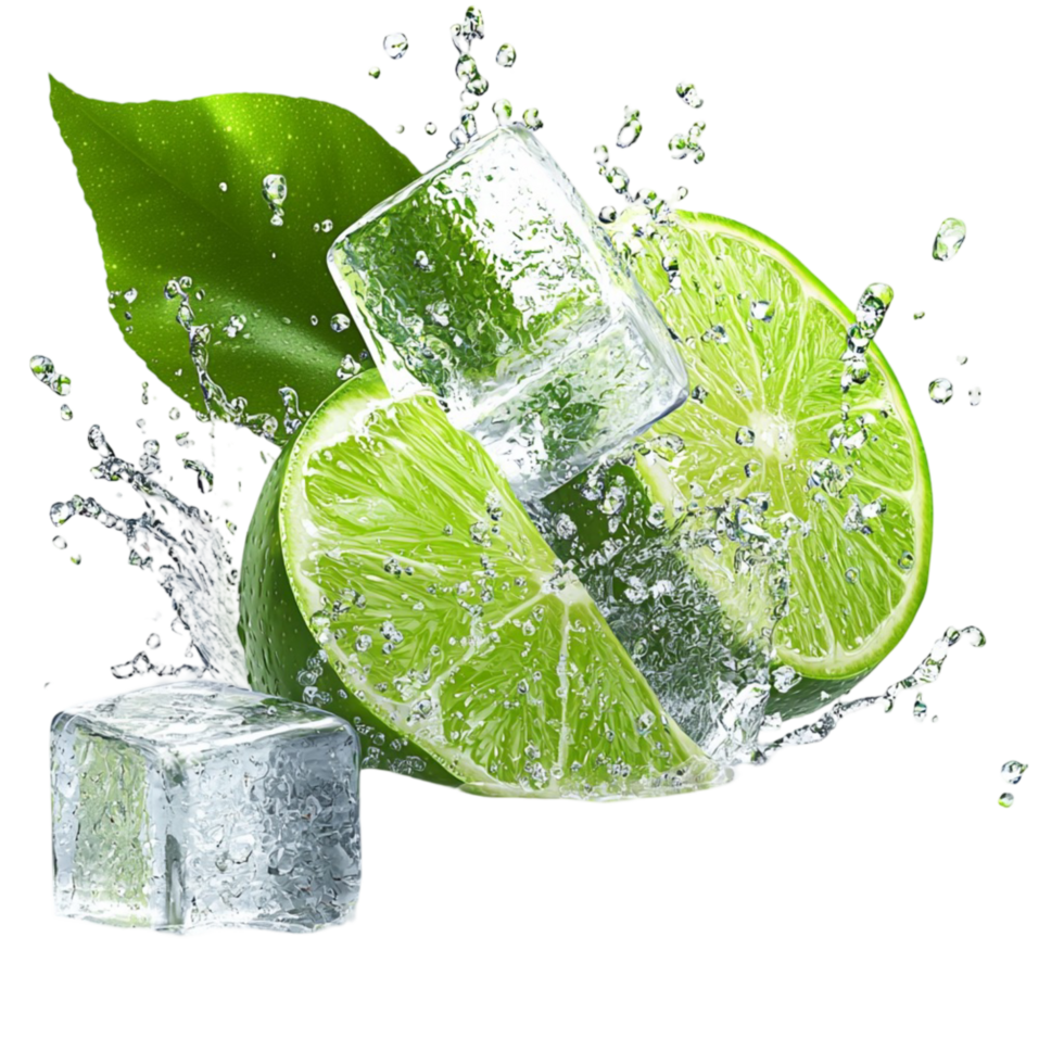 Fresh limes cut in half with water splashes closeup view png