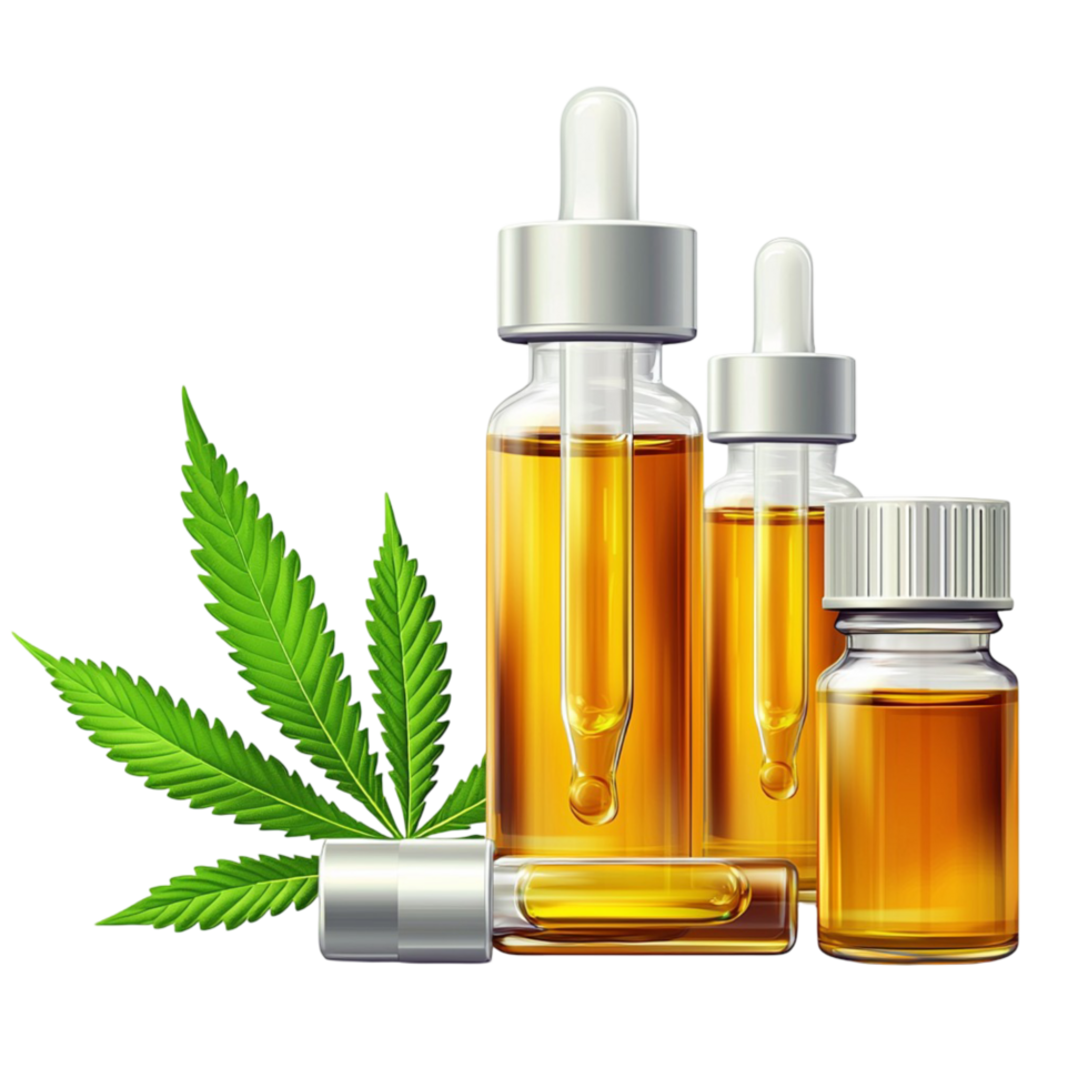 Small bottles of essential oil and hemp leaves on display png