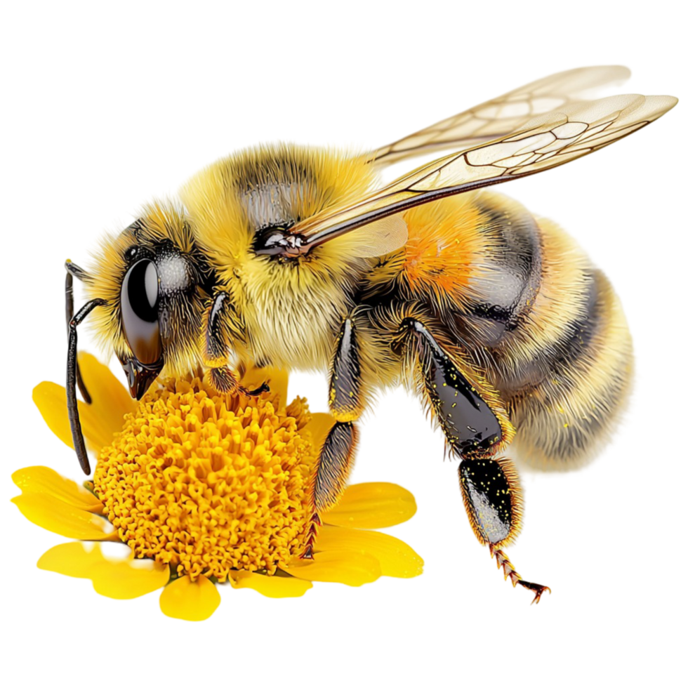 Detailed honeybee collecting pollen from a yellow flower closeup png