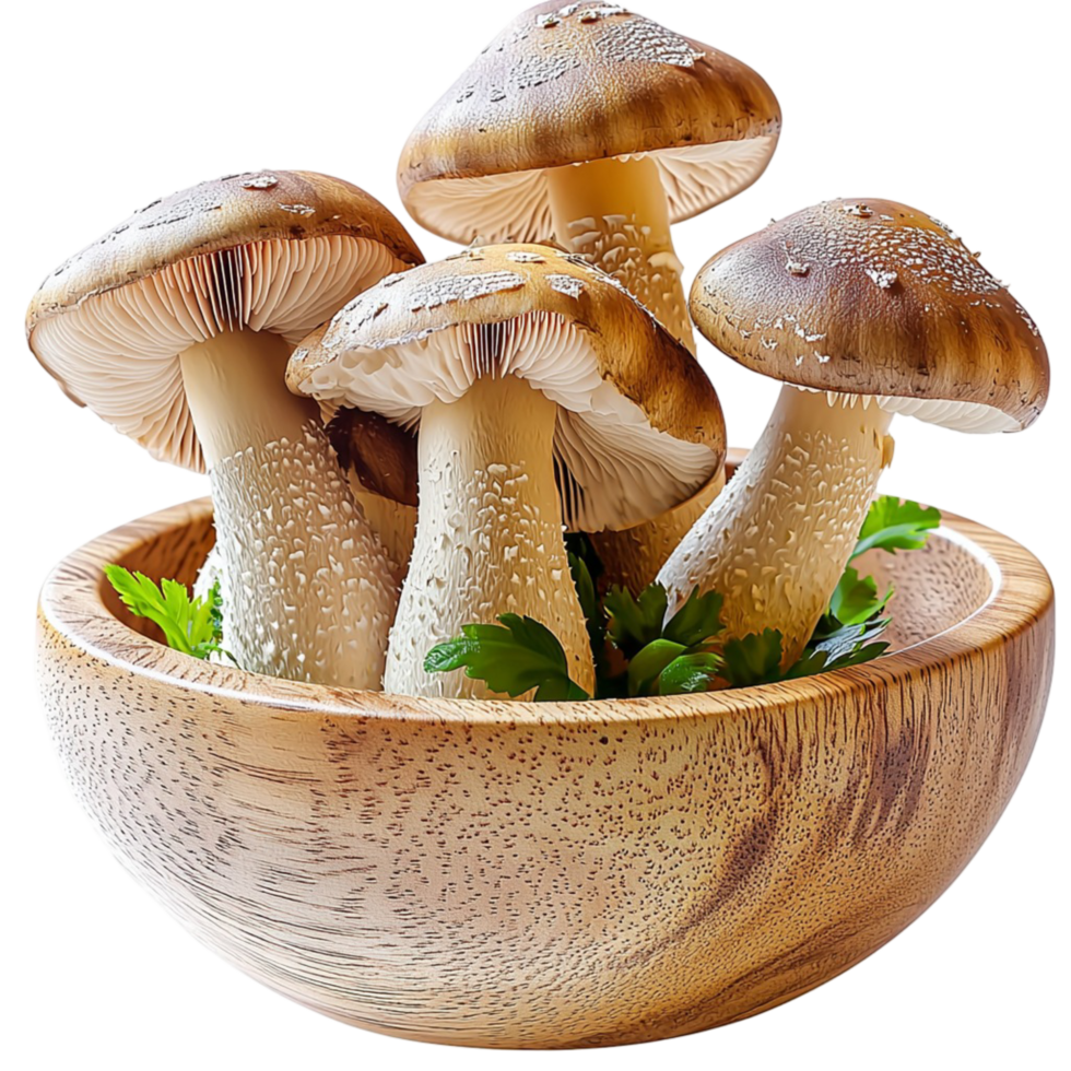 Bowl of assorted brown mushrooms on a white surface png