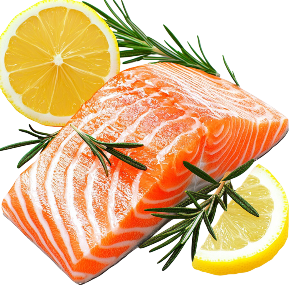 Fresh salmon fillet with lemon slices and herbs closeup png