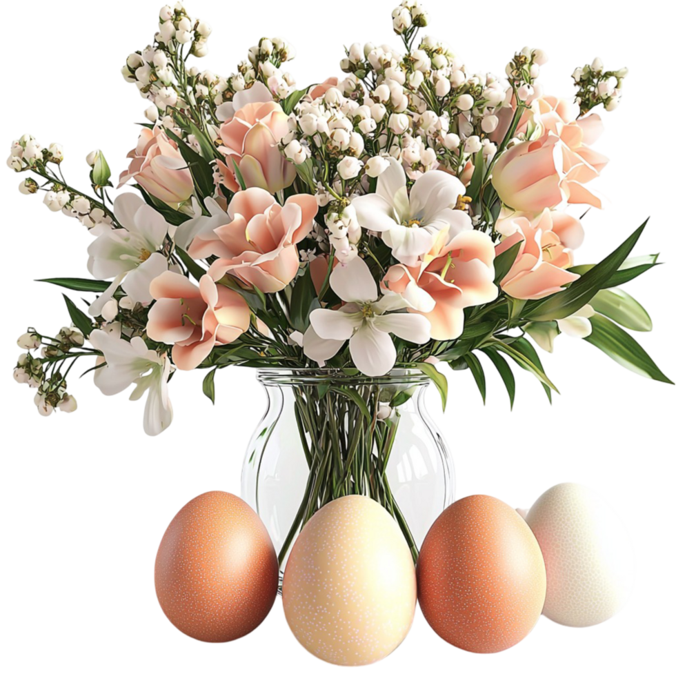 Bouquet of pink flowers and decorated eggs in a vase png
