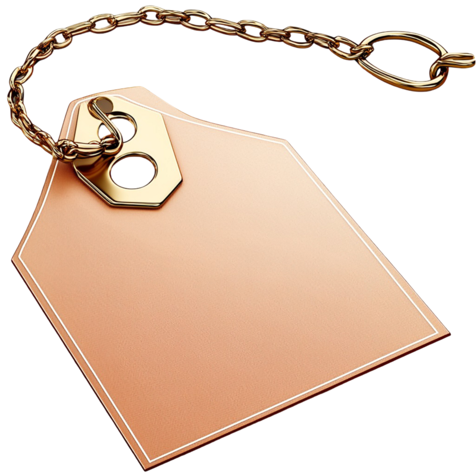 Brown tag with a gold chain on white background display png