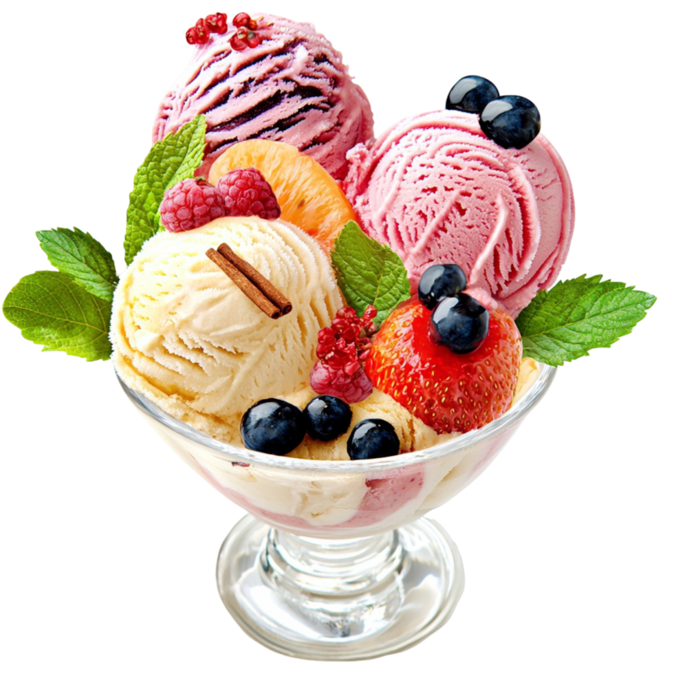 Glass bowl filled with colorful ice cream and fruit toppings png