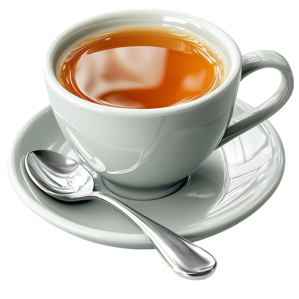 White teacup with a silver spoon and a saucer png
